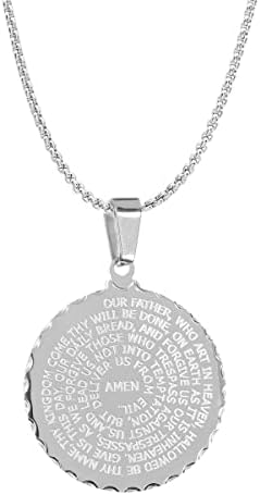 Steeltime Stainless Steel Lords Prayer Round Pendant Necklace (Silver)