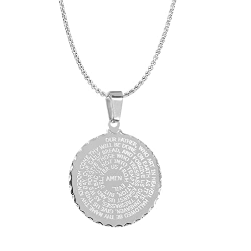 Steeltime Stainless Steel Lords Prayer Round Pendant Necklace (Silver) #TOP3