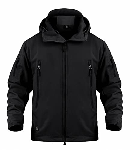 KQTFT Men's Millitary Tactical Softshell Jacket Waterproof Fleece Hooded Outdoor Hiking Hunting Jackets Coat, Black, Medium