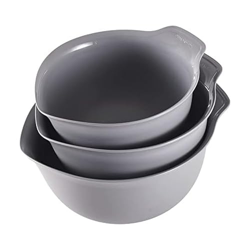 KitchenAid Universal Nesting Plastic Mixing Bowls, Set Of 3, 2.5 quart, 3.5 quart, 4.5 quart, Non Slip Base with Easy Pour Spout to Reduce Mess, Dishwasher Safe, Gray by KitchenAid - Used condition - US$23.88