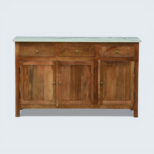 Image of Solid Wood Madrid 3 Door Sideboard Cabinet | Sintered Stone Top Sideboard for Living Room | Finish- Dark Teak