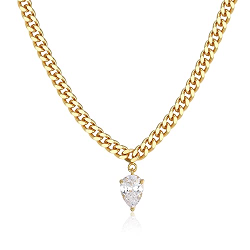 Curb Chain Necklace With Pear Shaped Cubic Zirconia Charm | Cuban Link Chain Choker Cute Dangle Charm | 18K Gold Plated Chain 13''-15'' Adjustable (Clear Cz) #TOP5