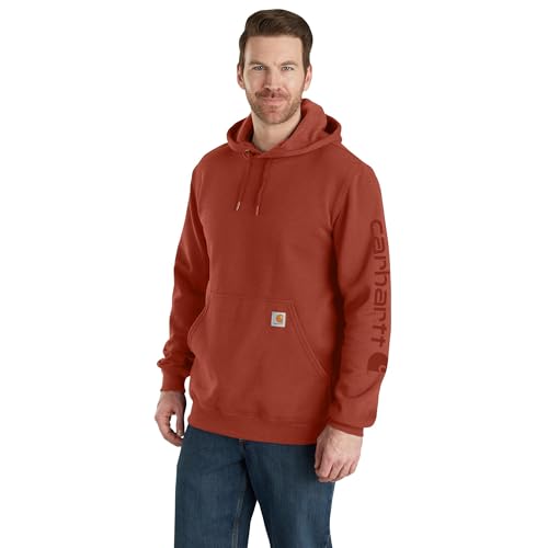 Carhartt Men's Midweight Signature Sleeve Logo Hooded Sweatshirt, Saddle Red, L