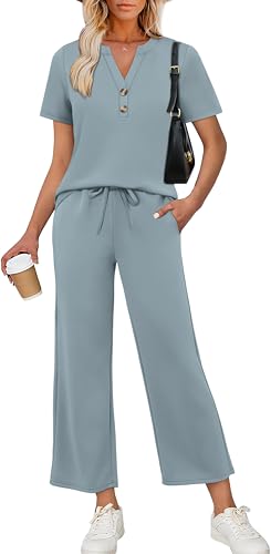 OFEEFAN Beach Vacation Clothes for Women Two Piece Sets Dressy Casual Lounge Sets Summer Button V Neck Clothes Wide Leg Pants Outfits Lack Blue Xl