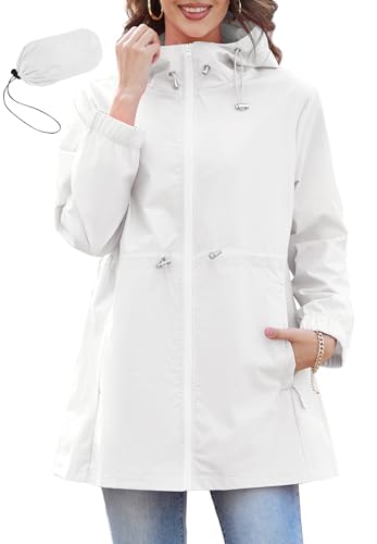 Zando Waterproof Rain Jacket Women Waist Cinching Raincoat for Women Packable Womens Rain Jacket with Hood Lightweight Rain Jacket Women Waterproof Windbreaker Jacket for Outdoor Travel Hiking White L