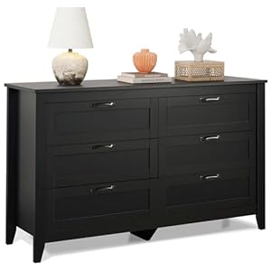 WLIVE 6 Drawer Dresser, Retro Chest of Drawers with Metal Handle, Double Wood Dresser for Bedroom, Living Room, Large Storage Cabinet, Black
