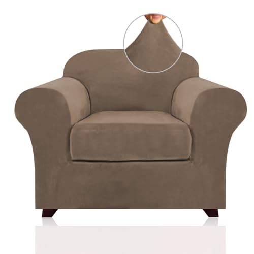 PrinceDeco Velvet Plush Couch Cover Stretch 2 Piece Chair Cover Chair Slipcover Washable Furniture Protector Couch Soft with Elastic Bottom Armchair Cover Width Up to 49 Inch(Small, Mocha)