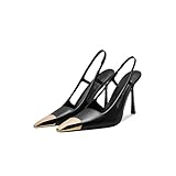Vertundy Black Slingback Heels for Women: Metal Pointed Toe Stiletto High Heel Pumps, Slip On Shoes, Geometric Heel