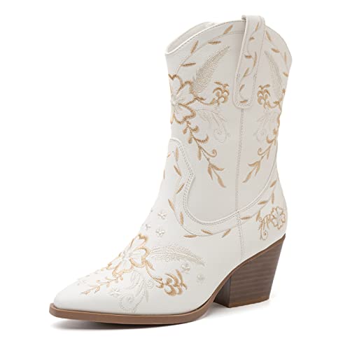 Anjoufemme Western Women's Cowboy Cowgirl Boots,Embroidered Round-Toe Mid-Calf Boots166-Fn-White-8 #TOP22