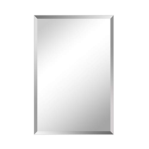 HAUSCHEN 36 x 24 Inch Large Beveled Rectangular Frameless Wall Mirror with Black Solid Wood Backed Panel | Bathroom, Vanity, Bedroom Mirror | Horizonal & Vertical