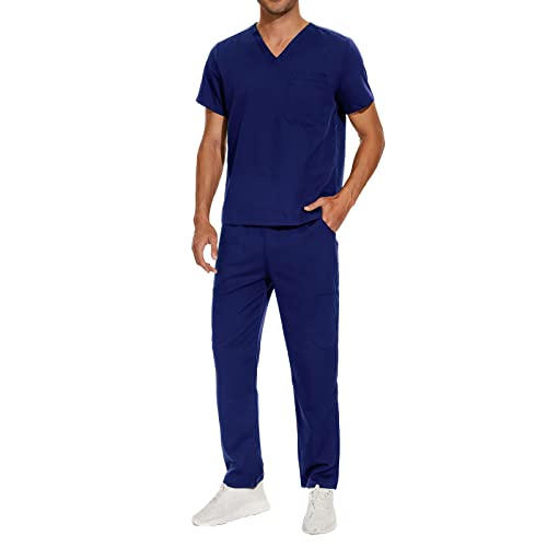 niaahinn Scrub Set Men and Women Medical Uniform Unisex Workwear Classic Top & Pant (Navy Blue, XL)