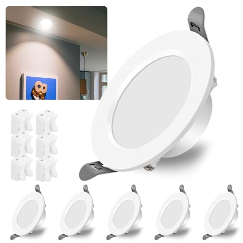 LUXHEIM 6 Pack LED Downlights for Ceiling,Recessed Spotlight Super Flat 6W Energy Saving LED Spot Lights Ceiling 6500K 650 Lumens Slim Round Downlight for Bathroom Living Room Kitchen