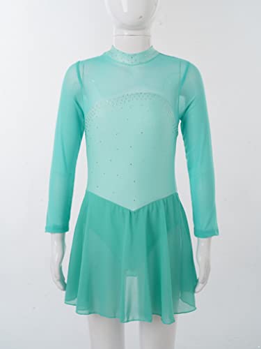Yuumin Girls Shiny Mock Neck Mesh Spliced Figure Ice Skating Dress Competition Dance Costumes Leotard Ballet Tutu Dress Mint Green A 6 Years #TOP2