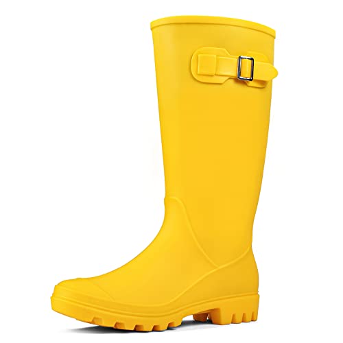 DKSUKO Women's Tall Rain Boots Waterproof Wellington Boots(9 B(M) US, Matte Yellow)