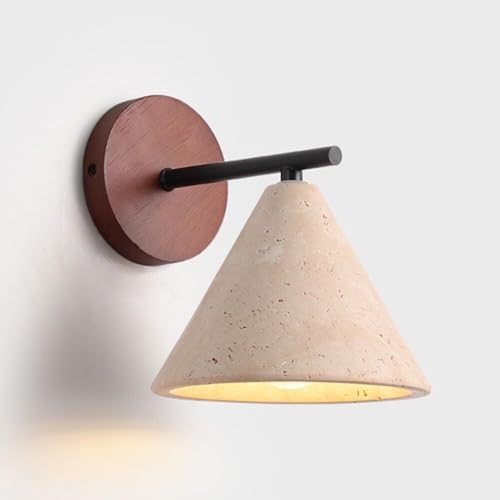 Modern Cone-Shaped Travertine Wall Sconce Natural Yellow Stone Wood Base