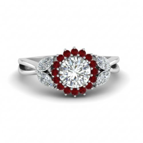 Image of 55Carat Choose Your Gemstone Flower Halo Split Shank Diamond CZ Ring Sterling Silver Round Shape Halo Engagement Rings Everyday Jewelry Wedding Jewelry Handmade Gifts for Wife US Size 4 to 12
