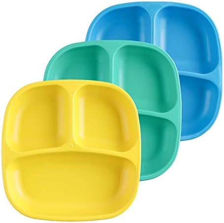 Re Play 7" Divided Toddler 3 Pack Plates with Deep Sides and Three Compartments for Easy Self Feeding | BPA Free | Dishwasher Safe | Surf