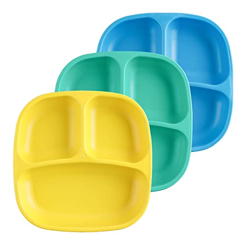 Re Play 7" Divided Toddler 3 Pack Plates With Deep Sides And Three Compartments For Easy Self Feeding | Bpa Free | Dishwasher Safe | Surf #TOP2