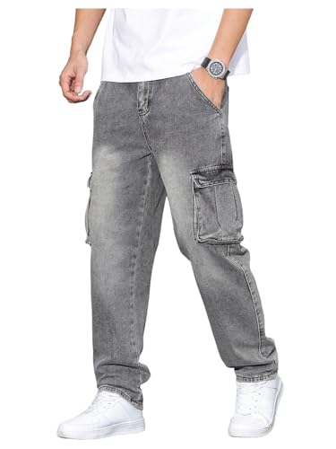 Verdusa Men's Cargo Jeans Straight Leg Denim Pants Relaxed Outfits Washed Jeans with Pockets Dark Grey Small