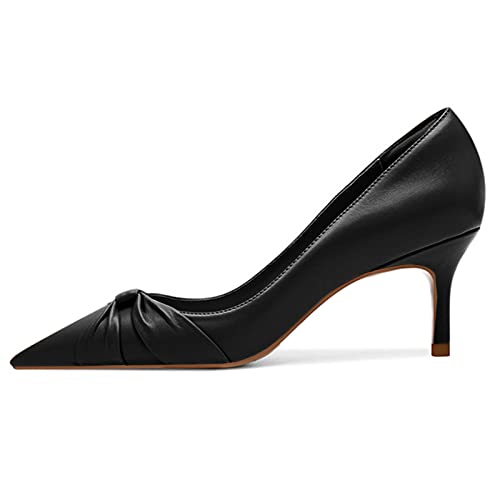 PiePieBuy Womens Pointed Toe Pumps Twist Knot Stiletto Mid Heel Faux Leather Dress Shoes Black — view 3