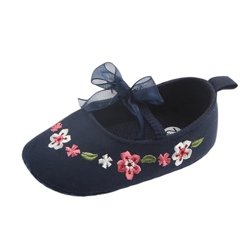 XWANZI Baby Girl Slippers Bow Decoration Low Cut Deep Blue Flower Embroidery Elastic Band Fashion Casual Crib Shoes 0-6 Months