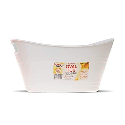 Oval plastic storage tubs with handle - Small size: (12.8" x 9" x 6.3") - Oval plastic tub with handle - beverage and ice bin - store small items at home, classroom, beauty salon. (Pack of 4 white)