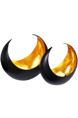 2er Set Windlicht Laterne orientalisch Maputo Groß 19cm Gold | Orientalische Vintage Teelichthalter Schwarz von außen und Goldfarben innen | Marokkanische Windlichter aus Metall als Dekoration