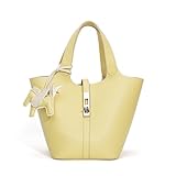 ハンドバッグ レディース レザー トートバッグ 小さめ 可愛い おしゃれ 大容量 軽量 通勤 人気 高見え シンプル 柔らかい 自立 内ポケット付き チャーム付属 (無地 ライトイエロー)