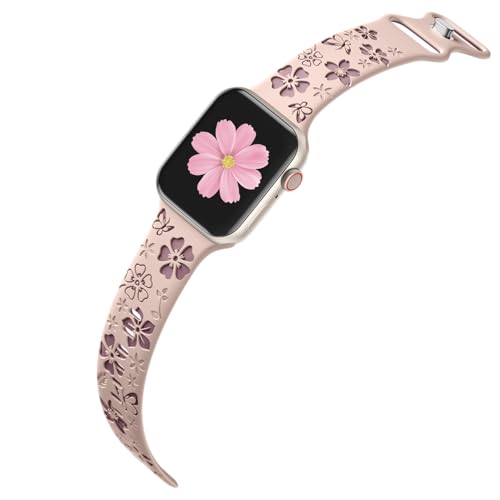 Floral Engraved Band Compatible with Apple Watch Band Women 40mm 38mm 41mm, Soft Silicone Two-Tone Flower Sport Strap for iWatch Series 10 9 8 7 6 5 4 3 2 1 SE Ultra-PKSV by CreateGreat - Image 3