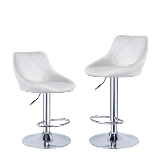 Lot de 2 Tabourets de Bar, Chaises Haut, Hauteur Réglable, Revêtement en PU, Rotatif sur 360°, avec Dossier et Repose-Pieds, Pied Chromé, 39 cm (L) x 38 cm (l) x 89-109 cm (H) (Blanc)