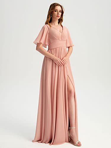 Simple V-Neck Flutter Sleeve Bridesmaid Dresses For Wedding With Slit Dusty Sage A-Line Chiffon Long Formal Party Dress With Pockets Us4 #TOP5
