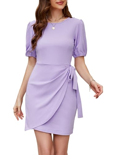 Image of Lyrur Women's Summer Mini Dresses 2025 Spring Puff Sleeve Tie Waist Faux Wrap Slim Fit Night Out Party Bodycon Dress