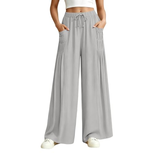 Pantalones de verano para mujer de pierna ancha y tela ligera de color liso holgados