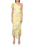 BCBGMAXAZRIA Vestido Midi asimétrico con un Hombro Descubierto y Manga abombada para Mujer, Combo Amarillo y Crema, XL