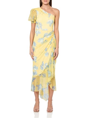 BCBGMAXAZRIA Women's One Shoulder Puff Sleeve Asymmetrical Midi Dress,  Yellow Cream Combo, X-Large at Amazon Women's Clothing store