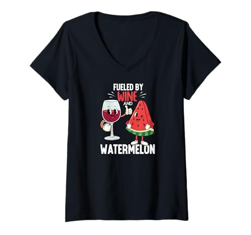 Mujer Fueled By Wine And Watermelon Funny Summer Cartoon Camiseta Cuello V