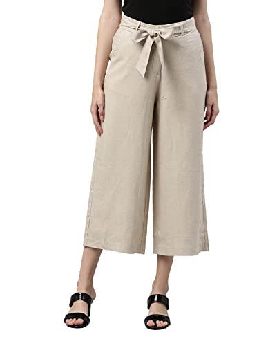 Image of GO COLORS Solid Linen Culottes for Women | High Rise, Side Pockets, Front tie-up