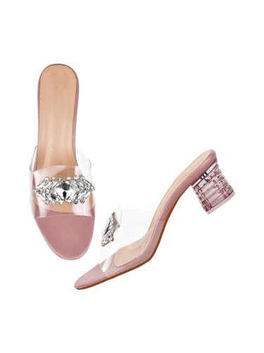 Image of TRYME Embellished Front Studded Buckle Block Heels Comfortable Transparent Party Kitten Heel for Womens & Girls