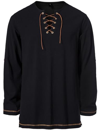 Image of JEMITOP Men's Pure Cotton Vintage Lace Up Shirts for Pirate Renaissance Viking Medieval Costume Without Belt