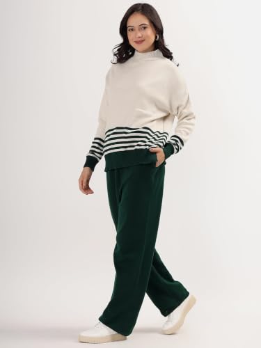 Image of Kvetoo Women Winter Coord Set Wool Blend Tracksuit High Neck Sweater and Wide Leg Pants Warm Knitwear Pyjama Set for Casual Office Travel Wear