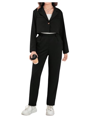 Image of Milumia Girl's 2 Piece Outfits Lapel Collar Button Open Front Long Sleeve Blazer and Pants Set Black 14 Years