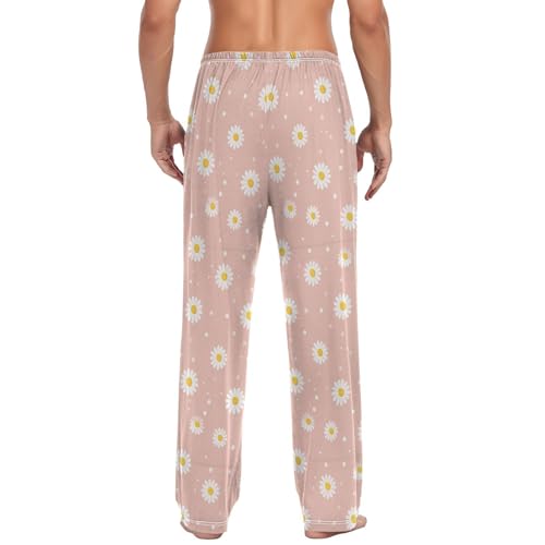 Men’s Pink Daisy Pajama Pants with Pockets, Comfortable Lounge Sleep Bottoms#5922