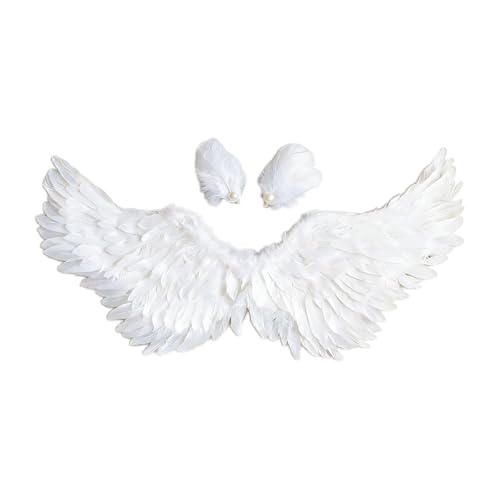 Fosrisix 3PCS Medium White Angel Wings with Matching Swan Hair Clips Set Wearable Feather Costume Wings for Adult Women Romantic Cupid Costume Accessories for Valentines Day Cosplay Halloween Party