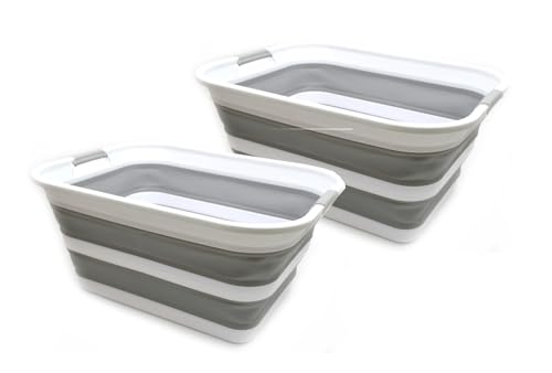 Image of SAMMART 42L Set of 2 Collapsible Plastic Laundry Basket - Foldable Pop Up Storage Container/Organizer - Portable Washing Tub - Space Saving Hamper/Basket (Grey, 2)