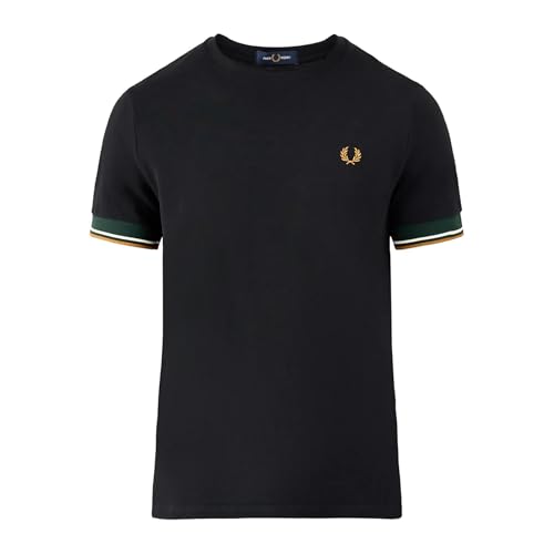 Fred Perry Camiseta de doble punta, color negro con ribete verde y caramelo, Negro/Verde/Caramelo, XL