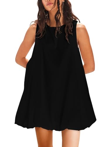 Image of COCOMARTS Dress for Women Summer Casual Linen Mini Dresses Sleeveless Crew Neck Bubble Keyhole Tie Back Vacation Sundress