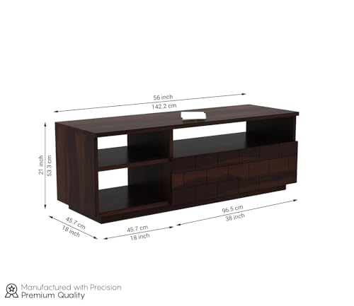 Image of Solid Sheesham Wood TV Unit with 3 Shelves & Drawer Storage - Elegant Wooden TV Unit for Living Room | Fits up to 55-inch TV - Solid Living Room Furniture (Reck, Walnut Finish)