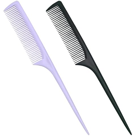 Rat Tail Comb, 2Pcs Teasing Combs with Parting Tip Styling Sectioning Braiding Fine Tooth Comb, Anti Static Hair Detangling Rattail Parting Combs for Women and Men, Fit All Hair Types (Purple, Black) Cover
