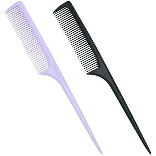 Rat Tail Comb, 2Pcs Teasing Combs with Parting Tip Styling Sectioning Braiding Fine Tooth Comb, Anti Static Hair Detangling Rattail Parting Combs for Women and Men, Fit All Hair Types (Purple, Black)