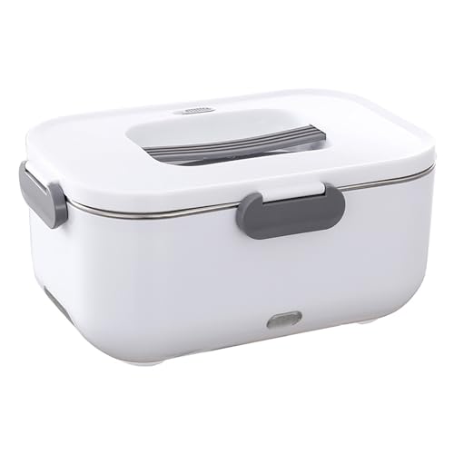 Fiambrera eléctrica, fiambrera calefactable 3 en 1 de 12 V/24 V/110 V for coche/camión/oficina, con recipiente de acero inoxidable de 2 l, tenedor y cuchara y bolsa isotérmica.(White)